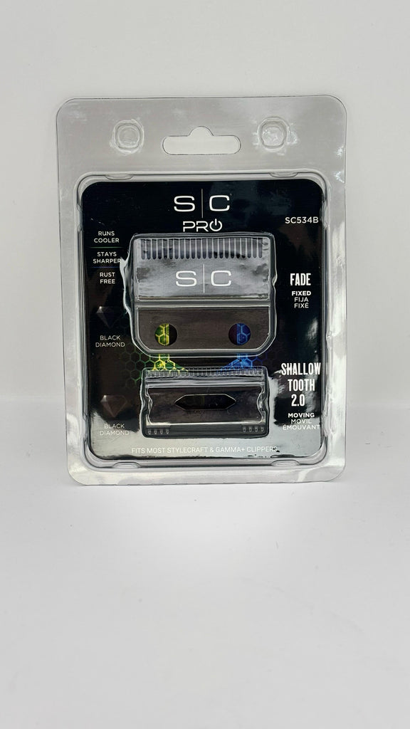 StyleCraft Replacement Double Black Diamond Carbon DLC Fixed Fade Blade with Shallow Tooth 2.0 Cutter Set